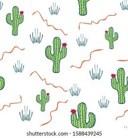 Seamless vector pattern with cactus on white background. Desert plant wallpaper design.