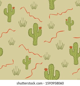 Seamless vector pattern with cactus on stone grey background. Simple cartoon desert plant wallpaper design.