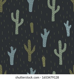 Seamless vector pattern with cactus on a dark background. Hand drawn vector illustration.