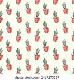 Seamless vector pattern with cactus in pot. Isolated on a white background. For paper, fabric, fashion, clothes. Hand drawn doodle illustration