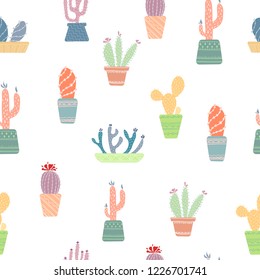 Seamless vector pattern. Cactus in pots, home plants on a white background