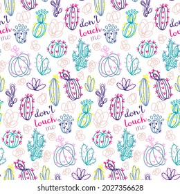 Seamless vector pattern with cactus and succulents on a dark background. Hand drawn, sketch, doodle illustration. Creative floral texture. Backdrop for textile and fabric.