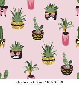 Seamless vector pattern with cactuses, palm trees and succulents. Stylish background with house plants. Fabric design. 