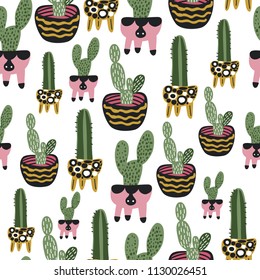 Seamless vector pattern with cactuses in pots. Stylish background with exotic house plants. Fabric design. 