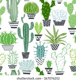 Seamless vector pattern with cactuses and succulents.