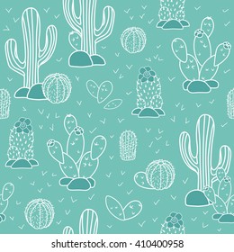 Seamless vector pattern with cactuses and succulents. Home garden cartoon cactuses for wallpaper, curtain, tablecloth.