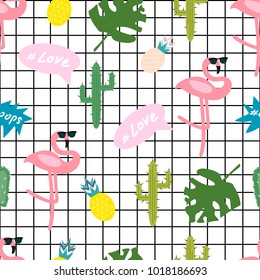 
Seamless vector pattern in a cage with flamingos in sunglasses, cactus, pineapple, leaf and speech bubbles. Design for fabric, paper, textiles, web.