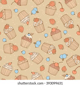 seamless vector pattern of cake and berries in vintage style