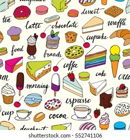 Seamless vector pattern with cakes and calligraphy