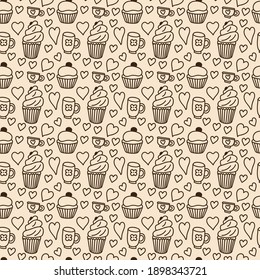 Seamless vector pattern with cakes cups and hearts. Food illustration in cute style for decor, textile, wrapping paper