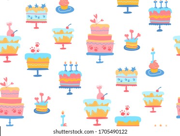Seamless vector pattern of cakes for dogs. Dog baking for birthday, wallpaper, texture, print