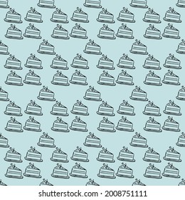 Seamless vector pattern with cakes. Doodle vector with cakes icons on blue background.