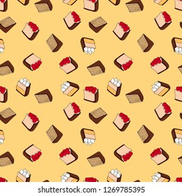 Seamless vector pattern of cakes on yellow background. Perfect for menu, card, textile of food package design