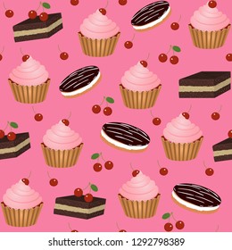 Seamless vector pattern with cakes on a red background for decoration, packaging, scrapbooking, fabrics.
