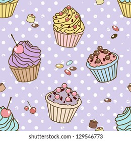 seamless vector pattern with cakes on vintage dot background