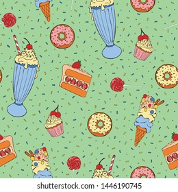 Seamless vector pattern with cakes on blue background. Cupcake, milkshake and ice cream wallpaper design. Fun sweet food kitchen fabric.