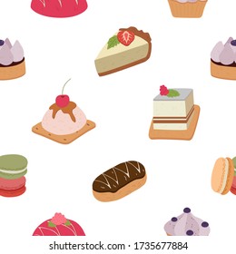 Seamless vector pattern with cakes on a white background. Cakes with raspberries, blueberries, eclair, cupcake, cheesecake, macaron.