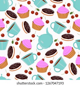 Seamless vector pattern of cakes, tea cups, teapots and cherries on white background for design, decoration, packaging, scrapbooking and fabrics 