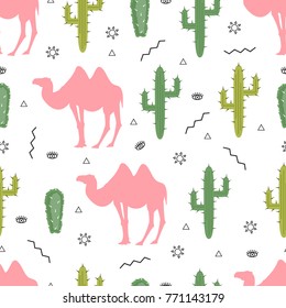 
Seamless vector pattern with camel and cactus