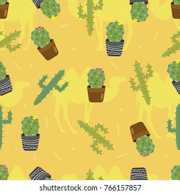 Seamless vector pattern with camels on background. Cactus and cactus in pots. vector illustration