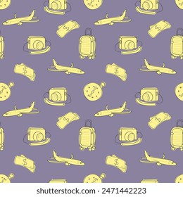 Seamless vector pattern: camera, suitcase, plane, money. Doodle, linear vector. For travel companies, children's rooms, bloggers. Background for: website, fabric printing, children's wallpaper

