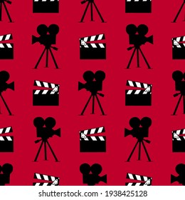 Seamless vector pattern with cameras and movie clappers.