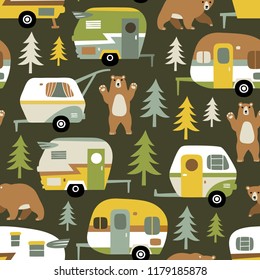 Seamless vector pattern with camping cars, bears and woods on dark green background. 