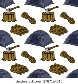 Seamless vector pattern of camping essentials: tents, axes on stumps, coiled ropes, and firewood logs.