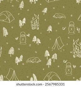 Seamless vector pattern with camping and outdoor doodle elements. Camping seamless pattern design.