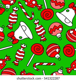 Seamless vector pattern with candies, Christmas lollipops, sweets, Christmas canes.
