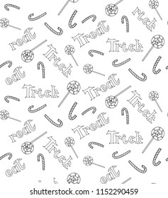 Seamless vector pattern with candies and lollipops outline isolated on white background. Trick or treat decoration for Halloween party