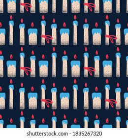 Seamless vector pattern with candles and bows. Hand drawn illustration