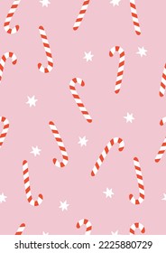 Seamless Vector Pattern With Candy Canes And Stars On A Pink Background. Isolated Elements. Cute Repeatable Design Ideal For Textile, Fabric Prints or Wrapping Paper.