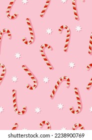 Seamless vector pattern with candy canes and stars on a pink background. Cute holiday vertical design. Perfect for textile, fabric, prints or wrapping paper.