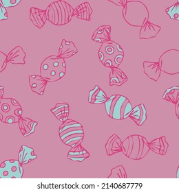 Seamless vector pattern with candy wrapper on pink background. Simple hand drawn sweet food wallpaper design. Decorative party fun fashion textile.