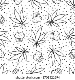 Seamless vector pattern with cannabis leaves and muffins with doodles on background. Use like printing, fabrics, textile, wrapping paper etc.