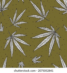 Patrón vectorial sin foco con hojas de cannabis sobre fondo verde. Fondo de la marihuana.