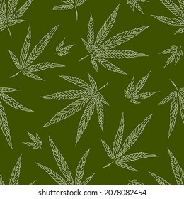 Nahtlose Vektorgrafik mit Cannabisblättern auf grünem Hintergrund. Marijuana-Hintergrund.