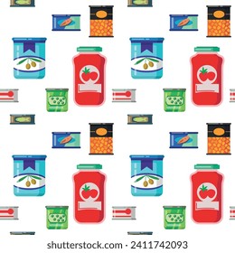 Seamless vector pattern of canned meat and vegetables, peas, corn, stew. For decorating kitchen themes and food