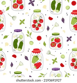 Seamless vector pattern with canned tomatoes, cucumbers and peppers.