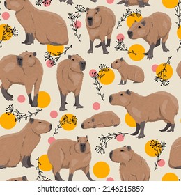 Seamless vector pattern with capybaras, doodle plants and circles. Wild animals of South America