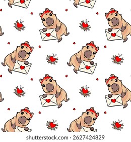 Padrão de vetor perfeito com capibaras segurando cartas de amor e buquês de rosas. Design romântico e brincalhão com corações e elementos para o Dia dos Namorados, aniversário. Vetor.