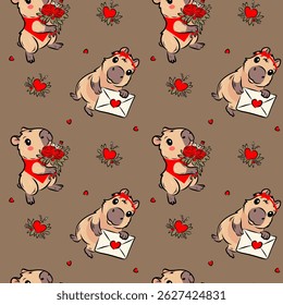 Seamless vector pattern with capybaras holding love letters and bouquets of roses. Romantic and playful design with hearts and elements for Valentine's Day, birthday. Vector.