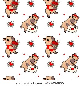 Seamless vector pattern with capybaras holding love letters and bouquets of roses. Romantic and playful design with hearts and elements for Valentine's Day, birthday. Vector.