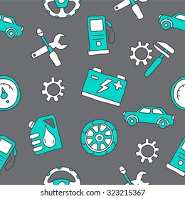 Seamless vector pattern car on a gray background, hand-drawn.