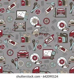 Seamless vector pattern with car service thin line symbols - tire service, car wash, tow truck, etc.