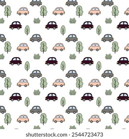 Seamless vector pattern with car and tree images. Trendy baby texture for wrapping clothes, wallpaper, textile fabric, scrapbooking, vinyl stickers, screen printing, printable decoration