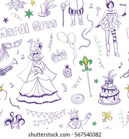 A seamless vector pattern Carnival Mardi Gras. Sketches on a white background. 