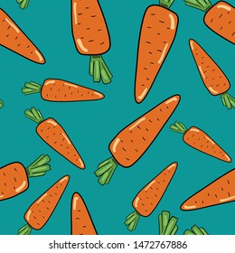 Seamless vector pattern with carrot  on dark green background. Wallpaper, fabric and textile design. Wrapping paper idea. Good for printing. Cute illustration with vegetable and healthy food.