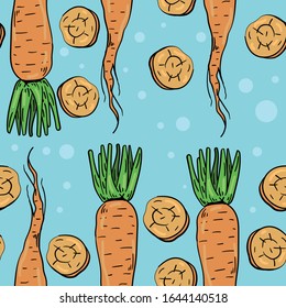 Seamless vector pattern with carrot and slices  on blue background. Wallpaper, fabric and textile design. Wrapping paper idea. Good for printing. Cute illustration with vegetable and healthy food.